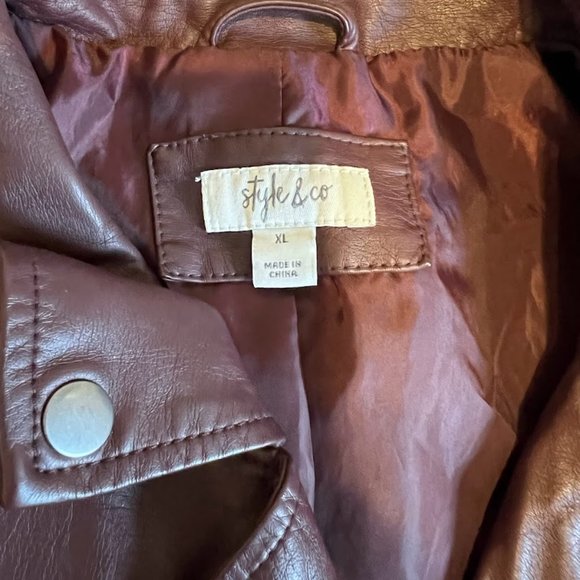 Style & Co Vintage Women Leather Like Jacket Biker Bomber Brown Burgundy Moto XL - Picture 6 of 11